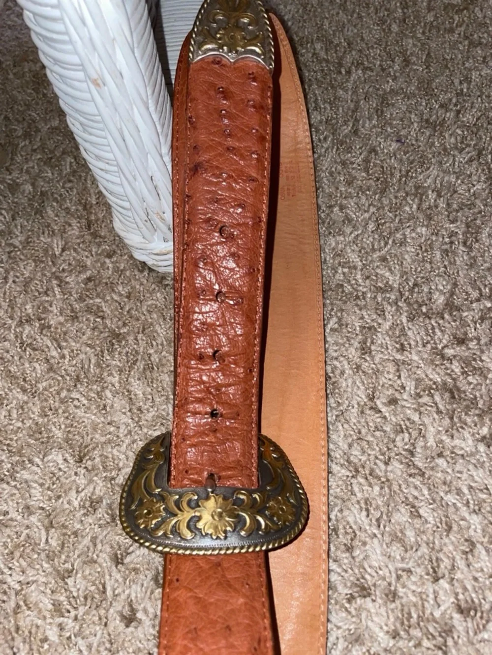 Textured Brown Leather Belt with Decorative Brass Buckle